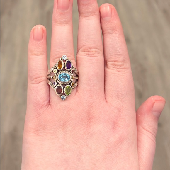 Sterling 18K Large Gemstone Ring, Bali Style Filigree Size 8.5 Rainbow Multigem - Picture 12 of 17